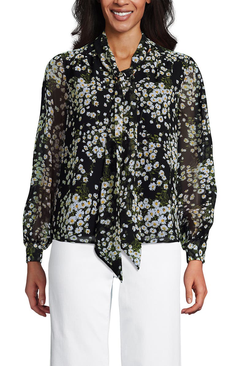 Lands' End Chiffon Removable Tie Neck Blouse, Alternate, color, Black Tossed Daisies