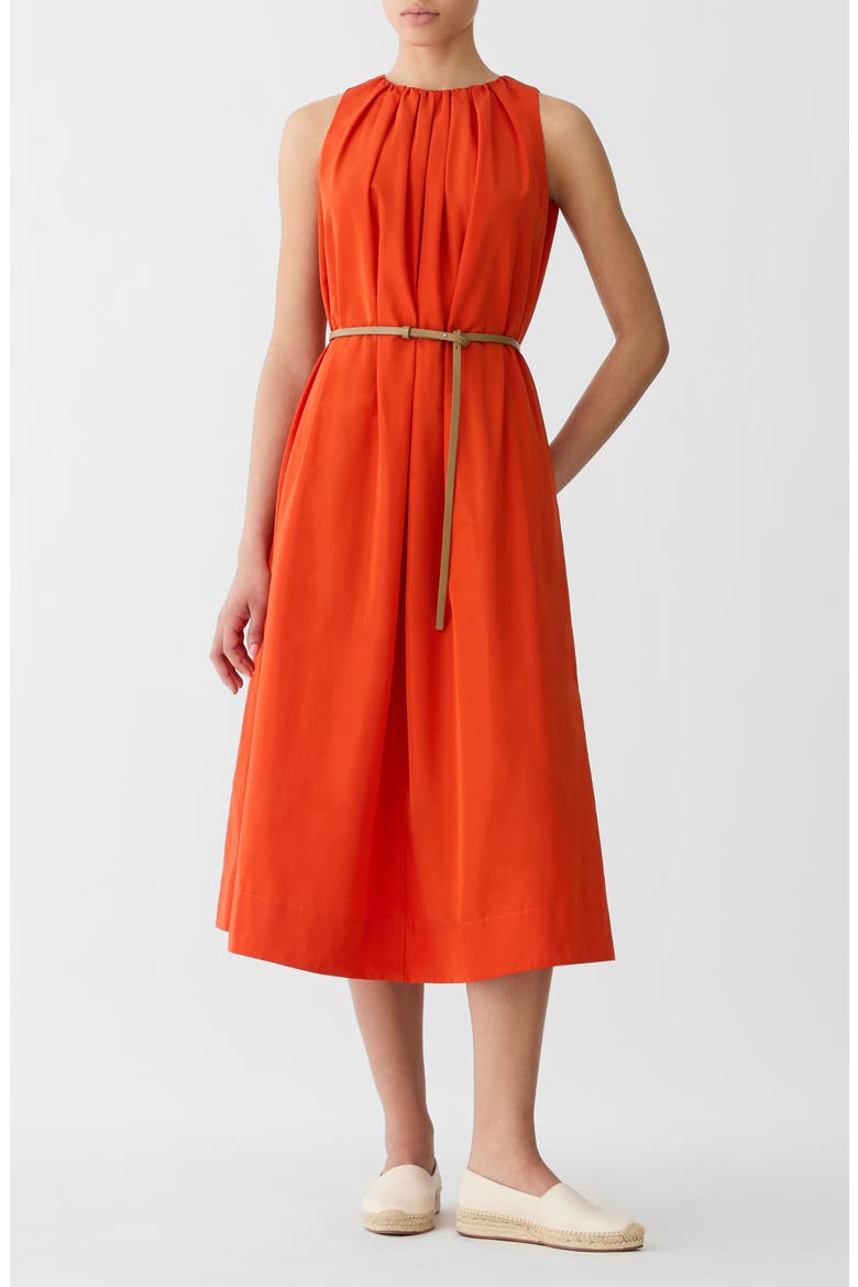 Belted Technical Taffeta Midi Dress, Main, color, ORANGE POPPY