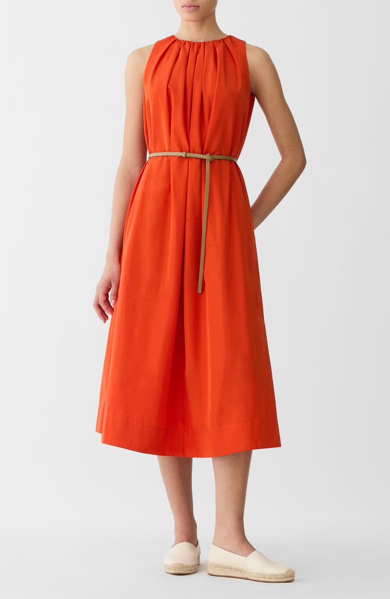 Lafayette 148 New York Belted Technical Taffeta Midi Dress, Main, color, Orange Poppy