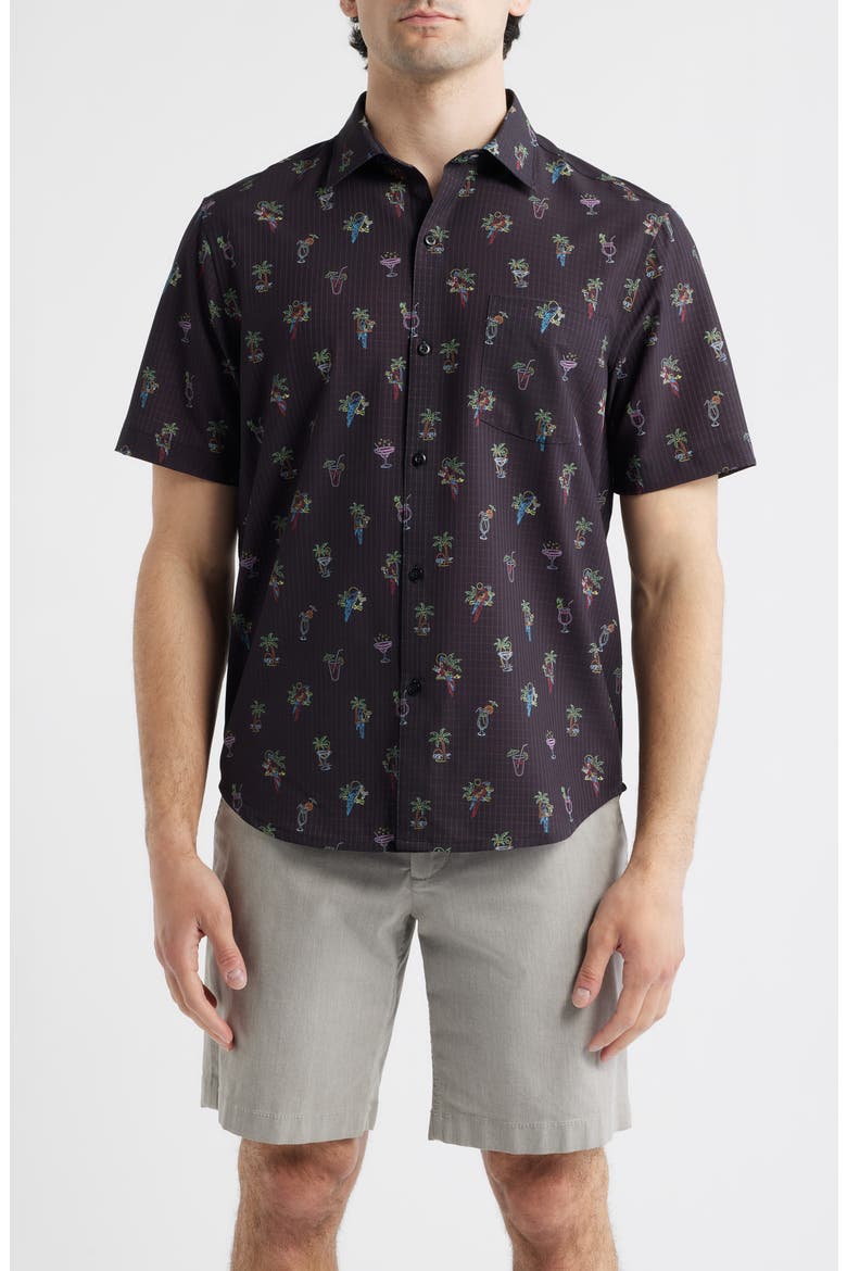 Bahama Coast Neon Sips IslandZone® Short Sleeve Button-Up Shirt, Main, color, MATTE BLACK