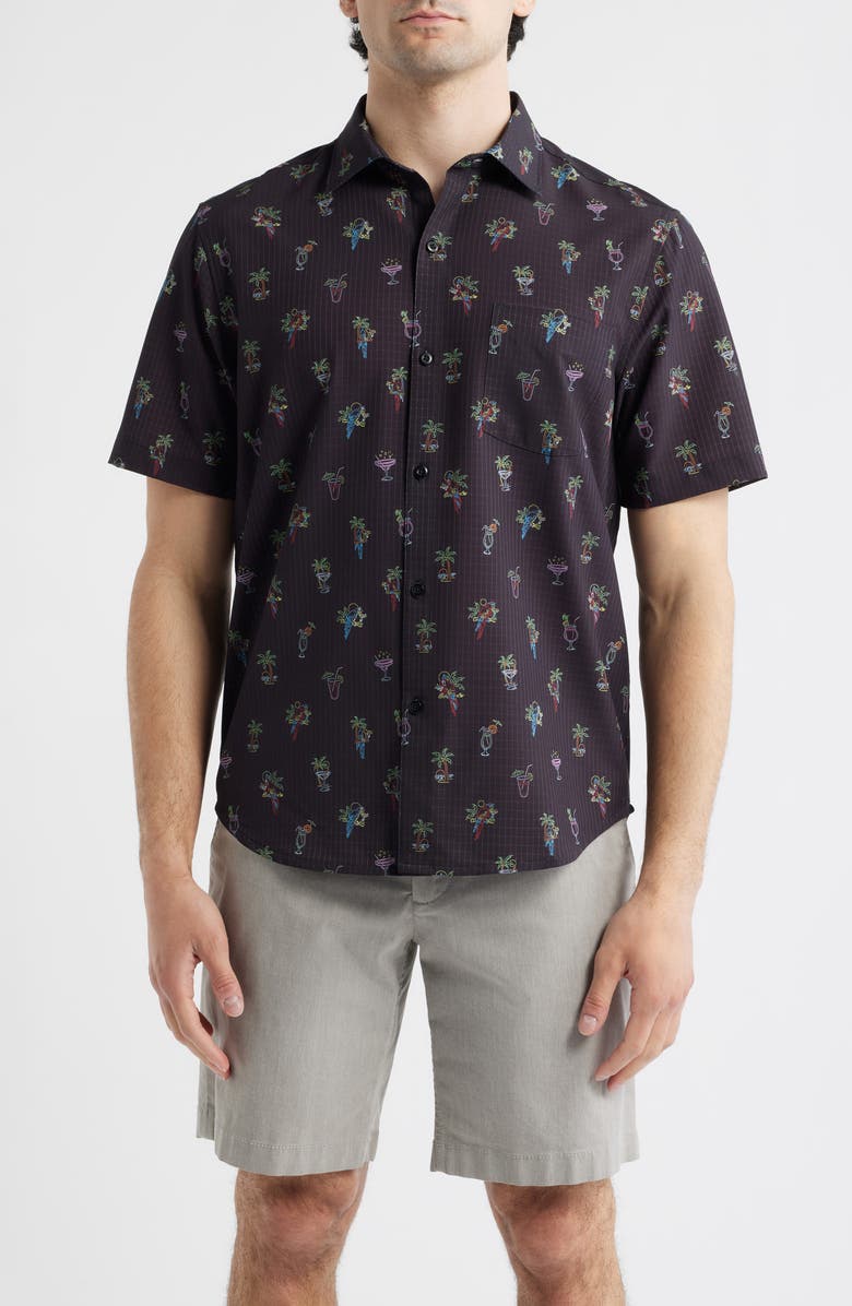 Tommy Bahama Bahama Coast Neon Sips IslandZone<sup>®</sup> Short Sleeve Button-Up Shirt, Main, color, Matte Black
