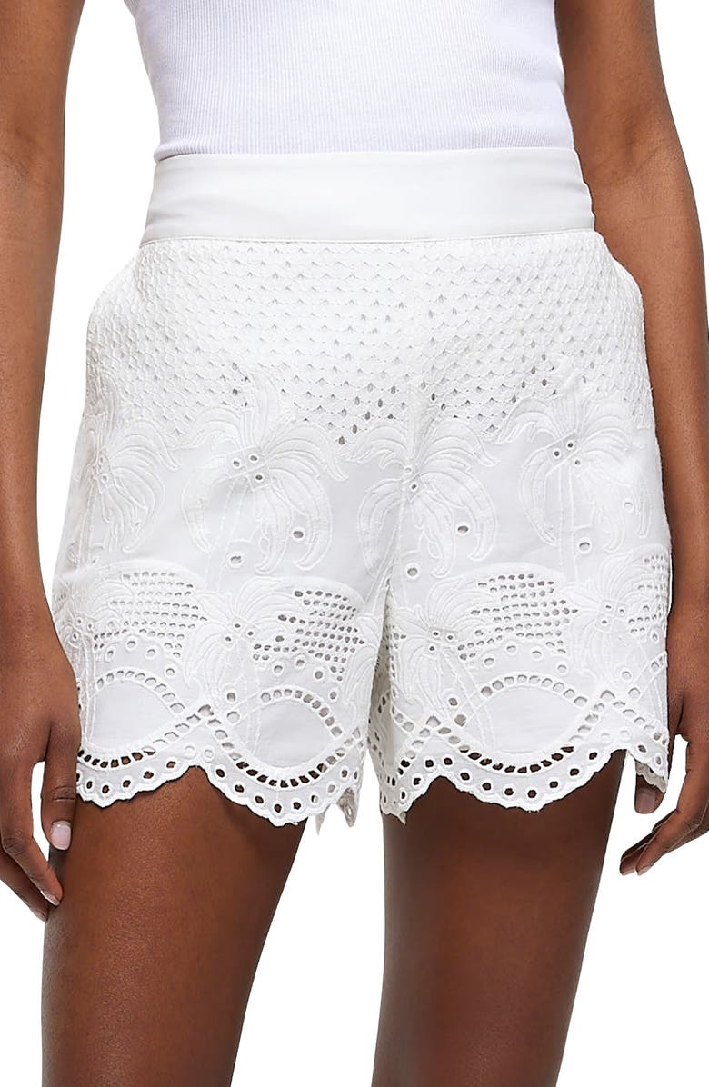 River Island Broderie Anglaise Cotton Shorts, Main, color, 