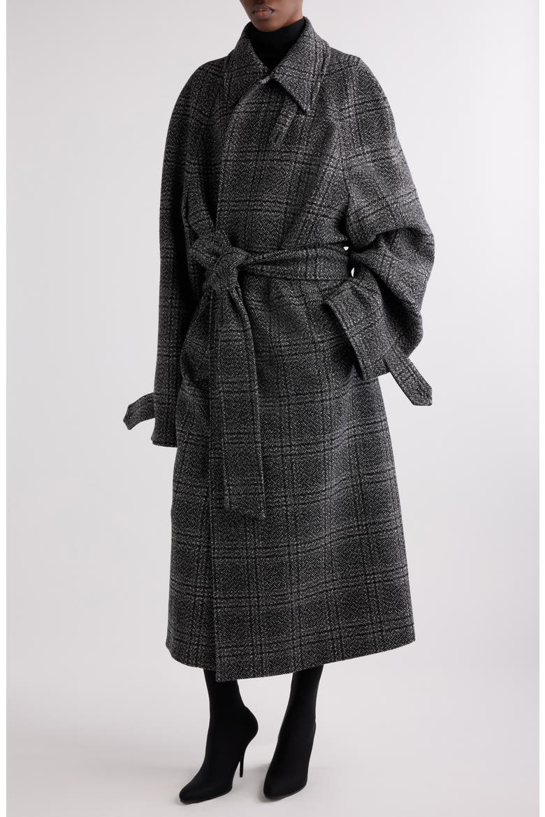 Check Oversize Wool Belted Coat, Alternate, color, BLACK/ GREY