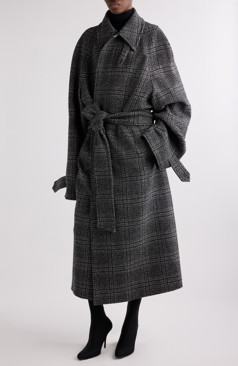 Balenciaga Check Oversize Wool Belted Coat, Alternate, color, Black/ Grey