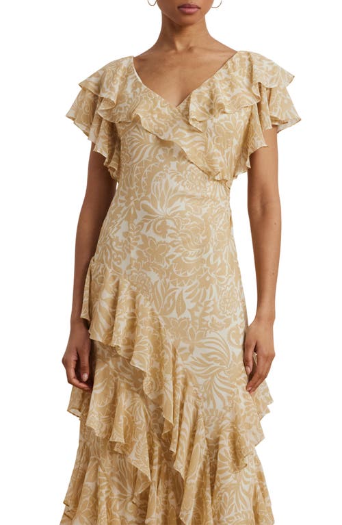 Ralph Lauren Lauren  Floral Ruffle Georgette Gown In Cream/tan