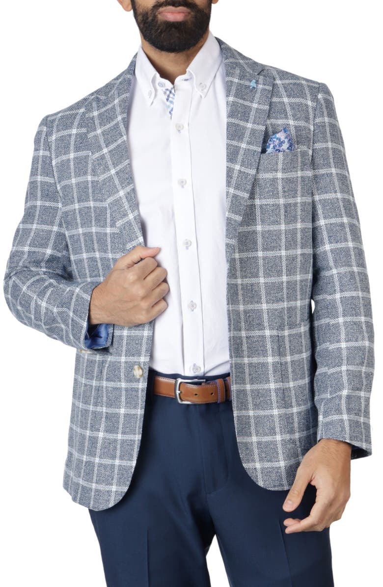 TailorByrd Classic Fit Yarn Dyed Windowpane Linen-Blend Sport Coat, Alternate, color, Navy