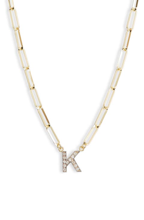 Diamond Initial Charm Paper Clip Chain Necklace