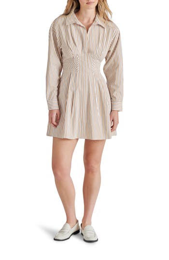 Steve Madden Aria Stripe Long Sleeve Mini Shirtdress In Neutral