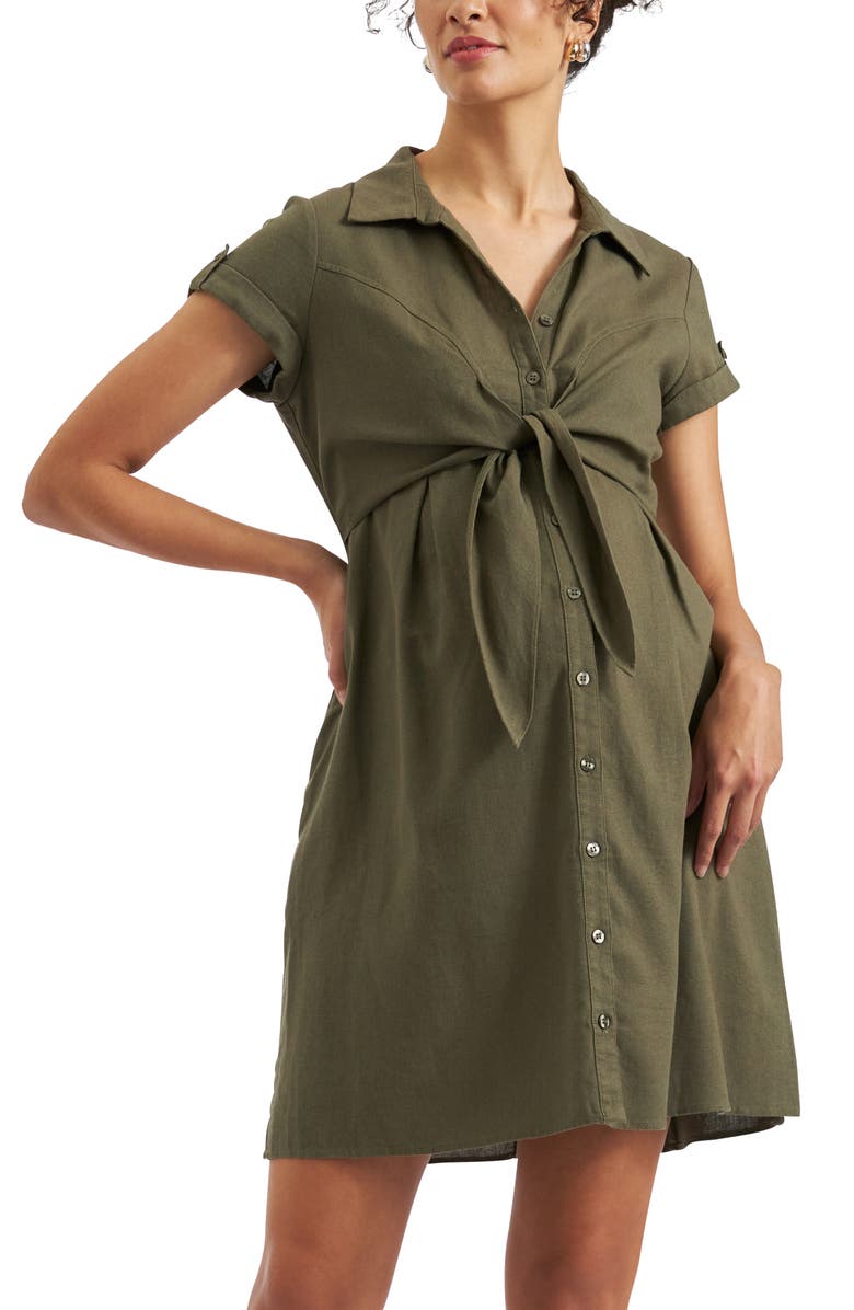 Ripe Maternity Colette Tie Up Linen Dress, Main, color, Olive