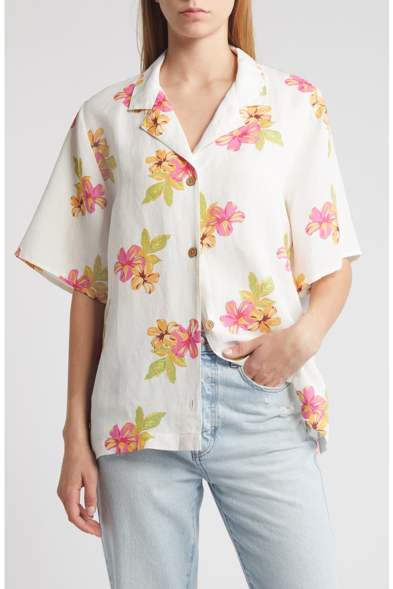 Cabana Floral Linen Blend Camp Shirt, Main, color, MULTI IVORY
