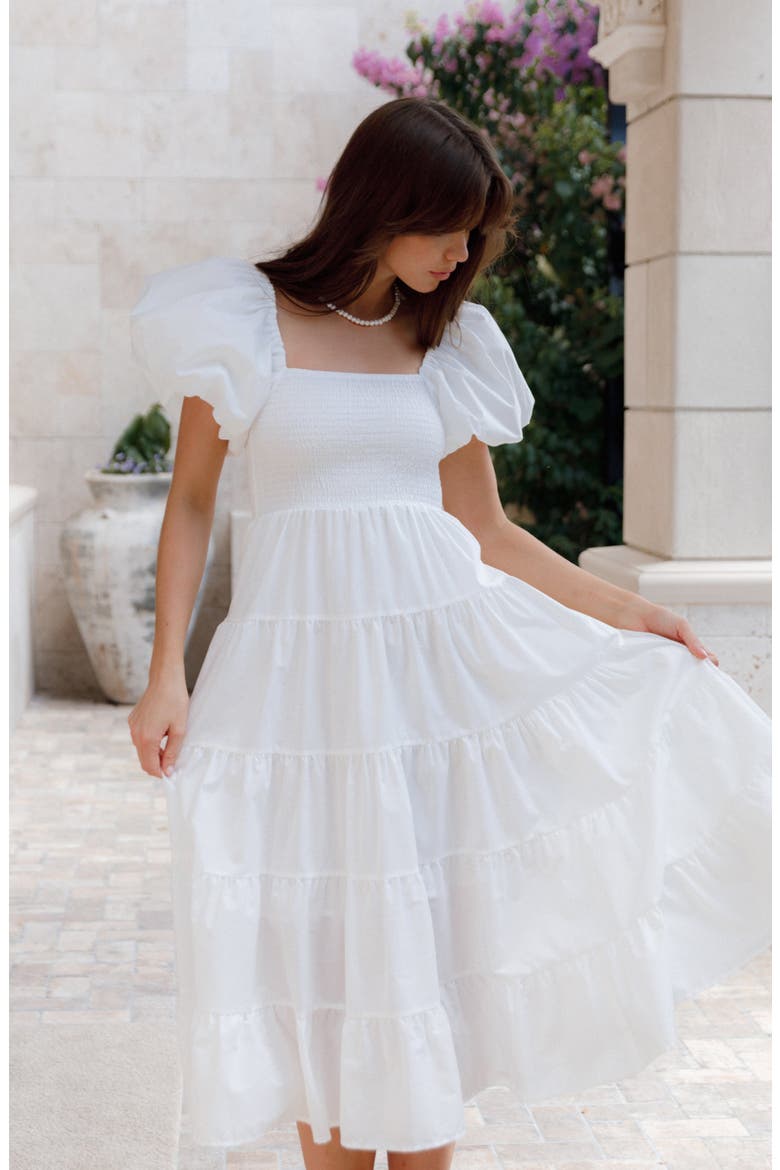 Annette Puff Sleeve Midi A-Line Dress, Alternate, color, WHITE