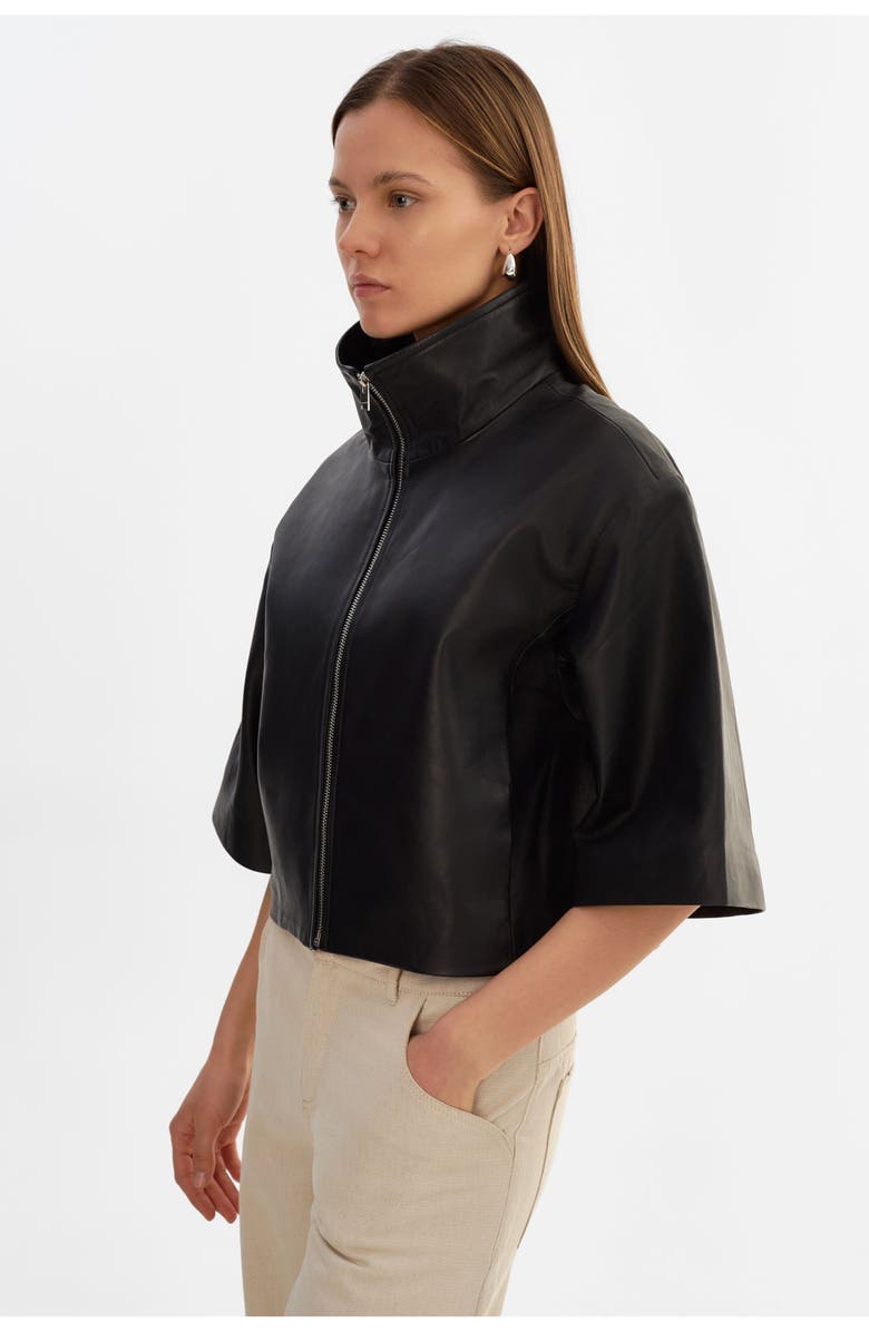 LAMARQUE Elin | Leather Funnel Neck Jacket, Alternate, color, Black