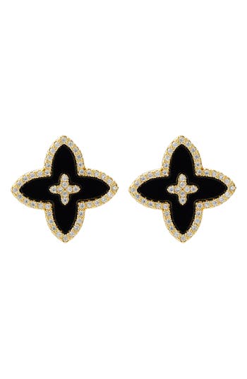 Adornia 14k Gold Plated Cz Black Statement Flower Stud In Black