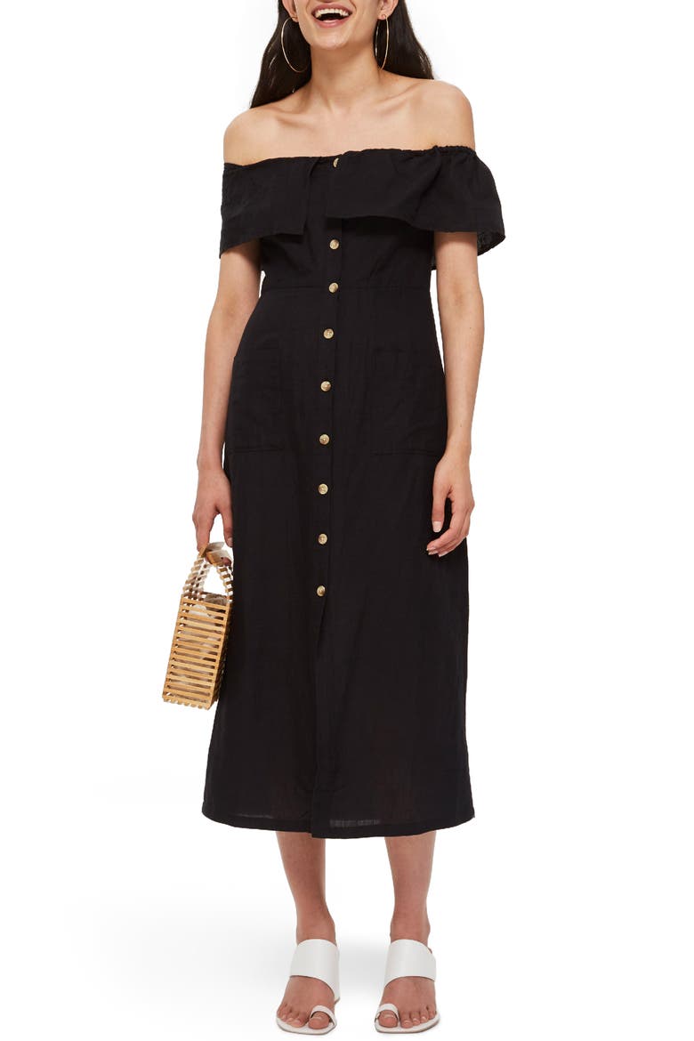 Linen Off the Shoulder Midi Dress, Main, color, BLACK