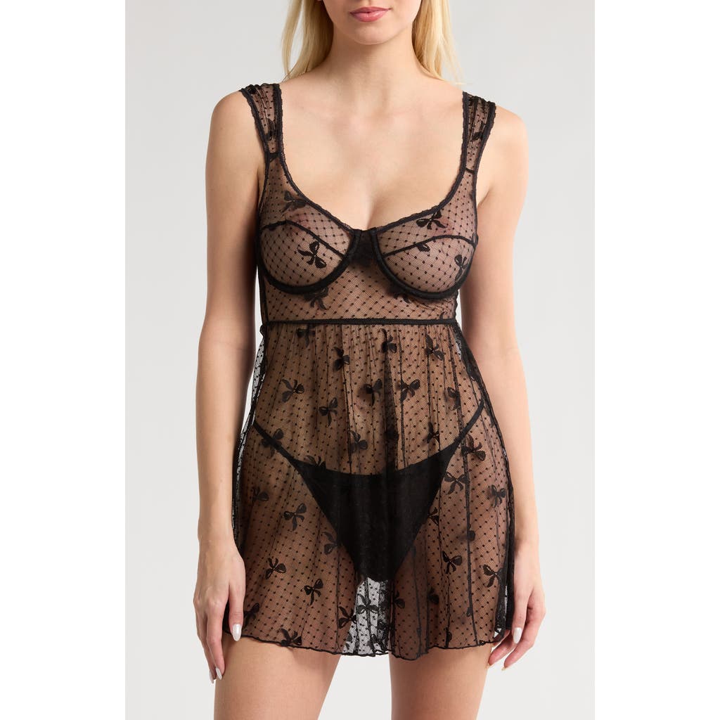 Kilo Brava Dotted Mesh Underwire Babydoll Chemise In Black