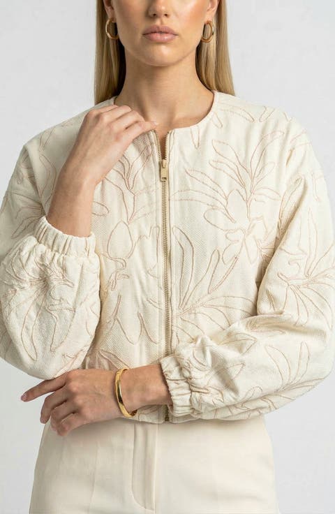 Long Sleeve Cropped Jacket with Zip Front and Embroidered Texture