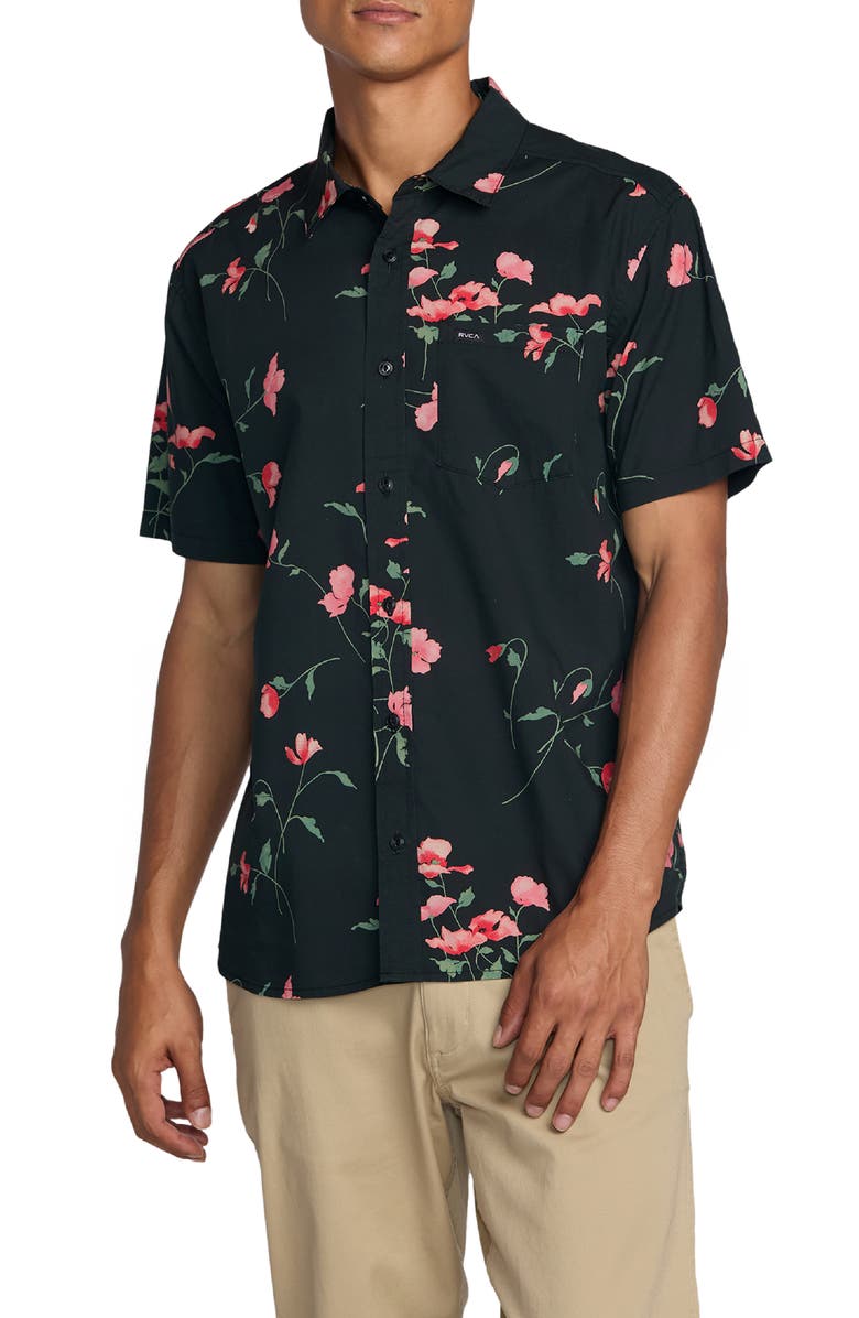 RVCA Botanical Print Short Sleeve Button-Up Shirt, Main, color, 