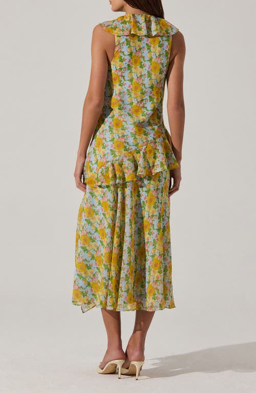 Astr The Label Ruffle Sleeveless High-low Midi Dress In Blue Multi Floral