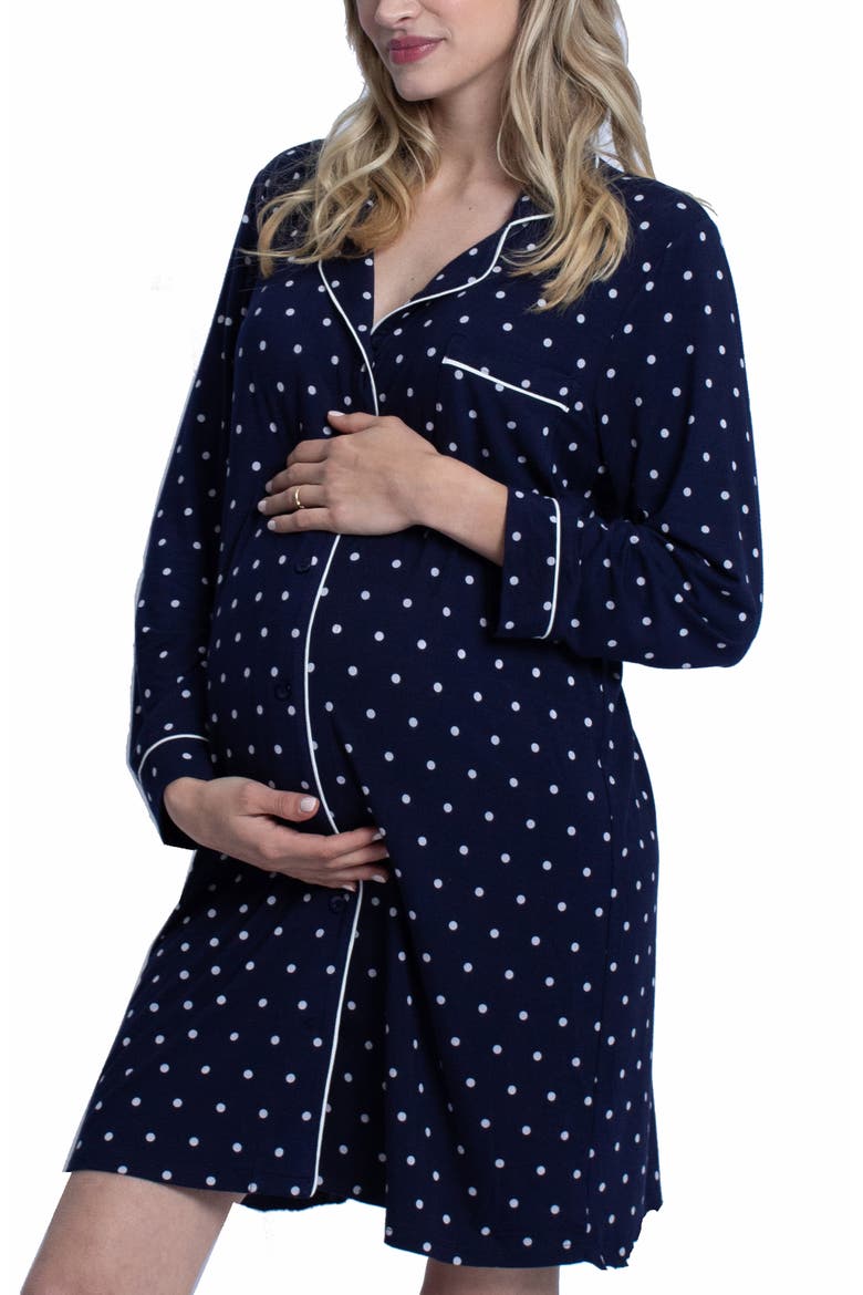Polka Dot Maternity/Nursing Nightshirt & Baby Wrap Set, Alternate, color, NAVY/ SPOTS