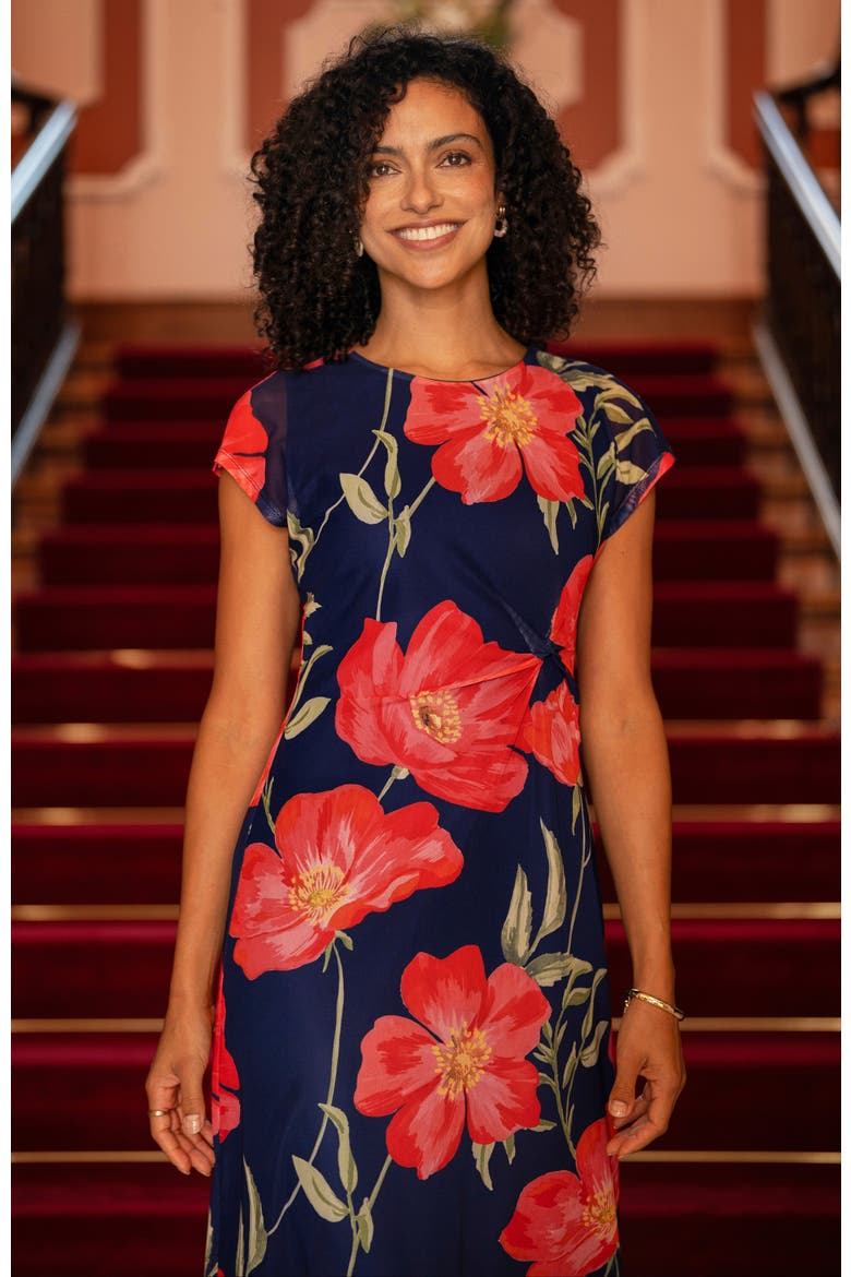 Poppy Print Midi Mesh Dress, Alternate, color, Navy