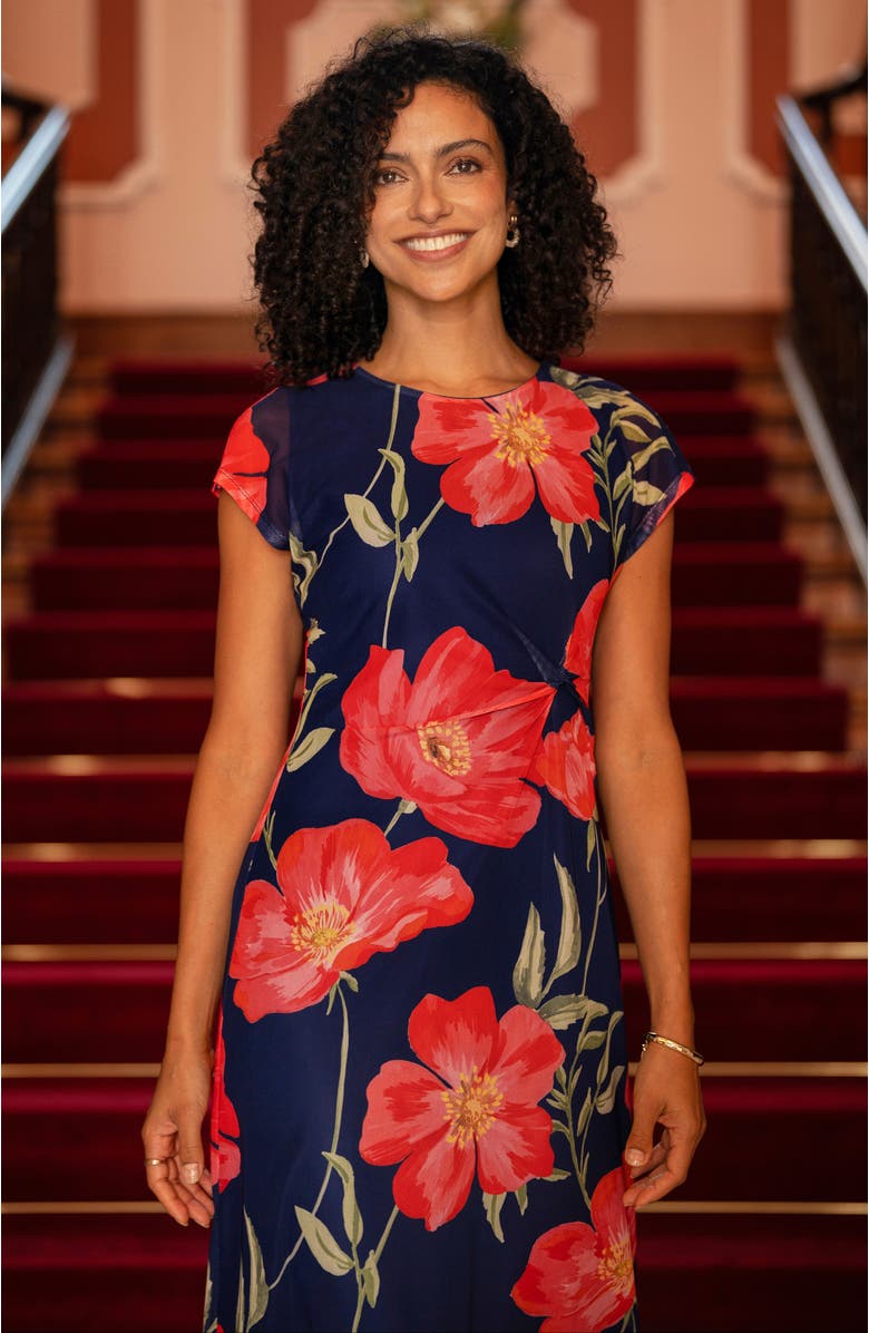 Yumi Poppy Print Midi Mesh Dress, Alternate, color, Navy