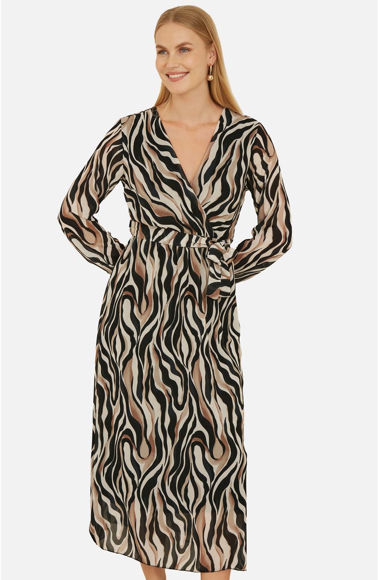 Yumi Animal Swirl Midi Wrap Dress, Alternate, color, Black