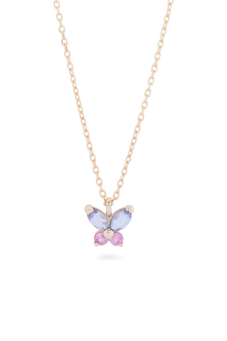 Pastel Sapphire Butterfly Pendant Necklace, Main, color, 10K YG - PINK SAPPHIRE/ TANZ