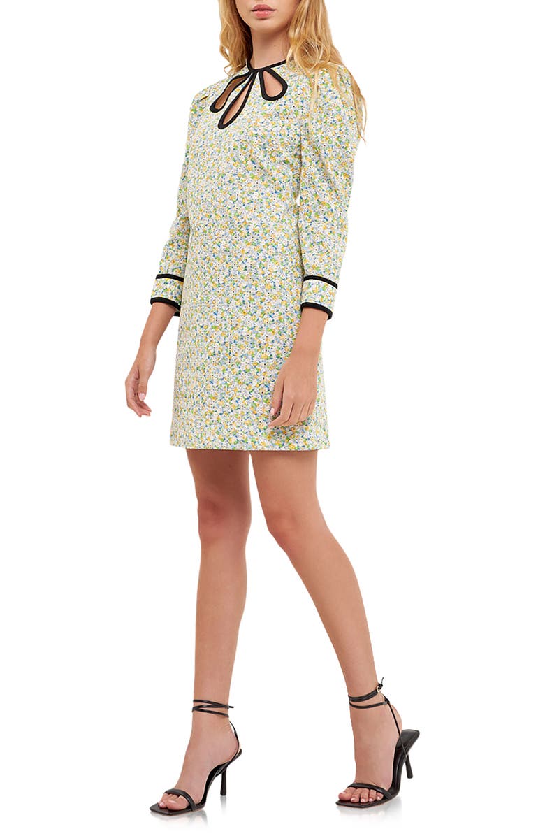 English Factory Floral Print Contrast Binding Puff Shoulder Minidress, Alternate, color,