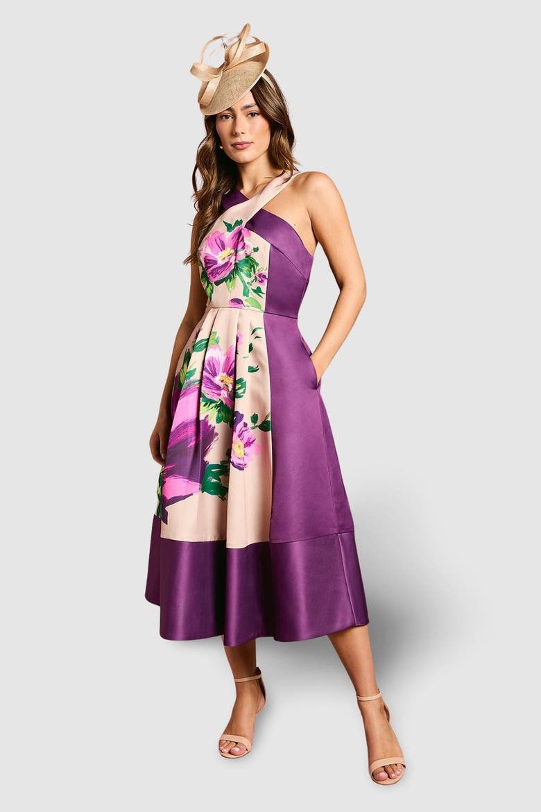 Printed Cross Neck Satin Midi Dress, Main, color, Purple