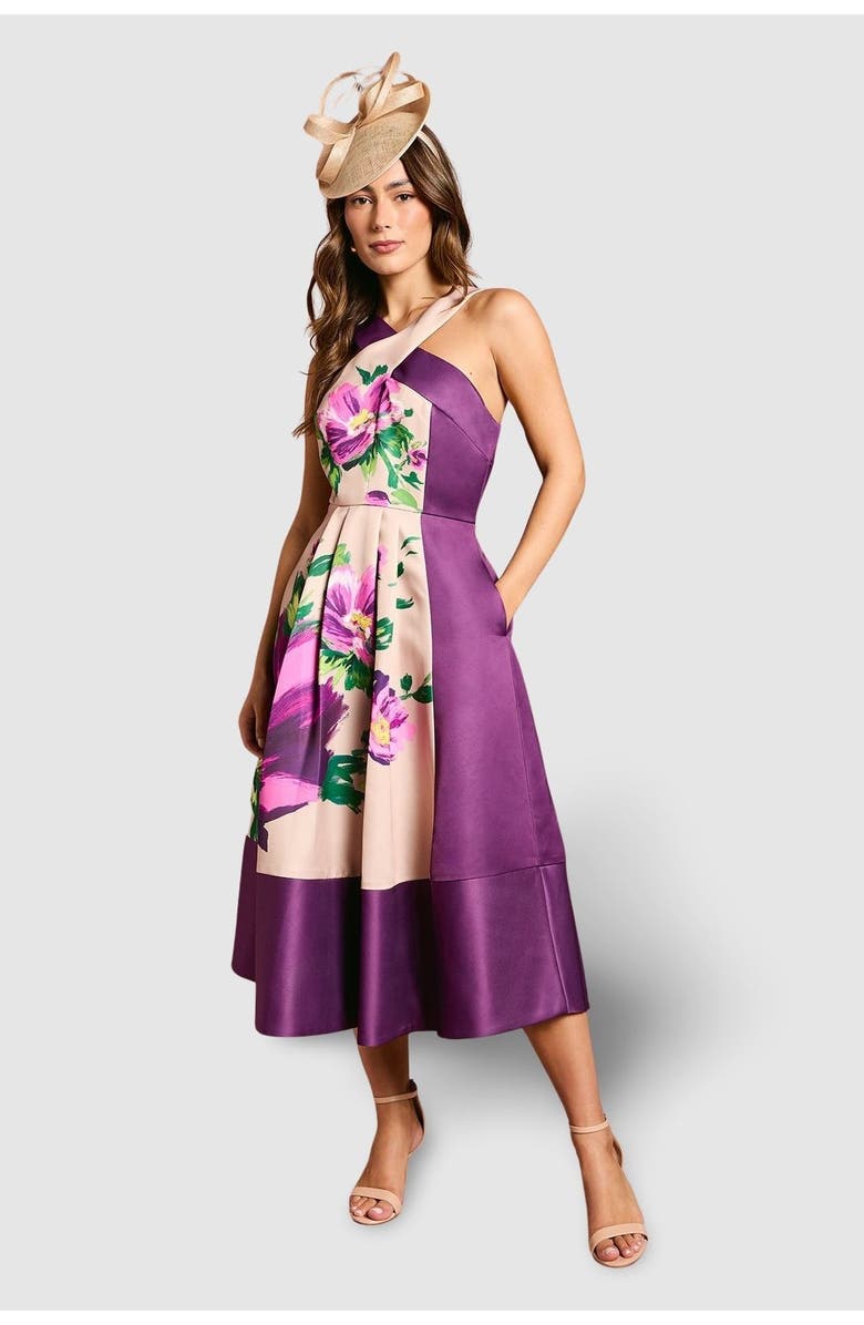 Coast Printed Cross Neck Satin Midi Dress, Main, color, Purple