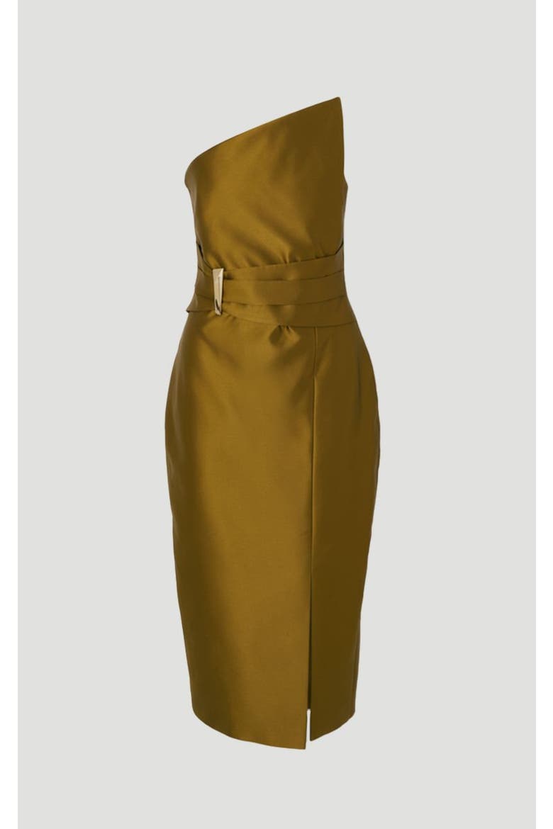 Satin Twill Asymmetric Neck Midi Dress, Alternate, color, Gold