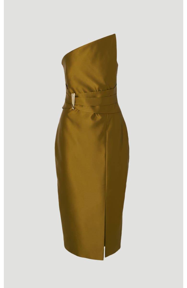 Karen Millen Satin Twill Asymmetric Neck Midi Dress, Alternate, color, Gold