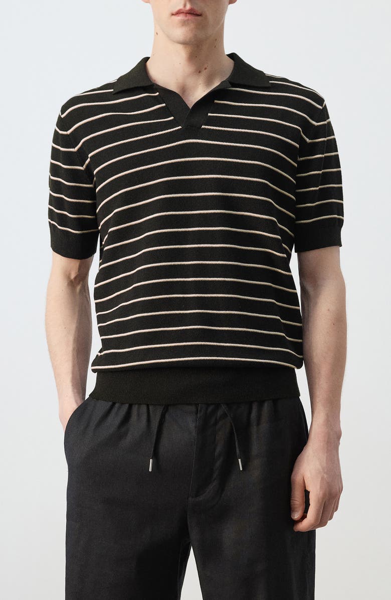 MANGO Stripe Knit Polo, Main, color, Black