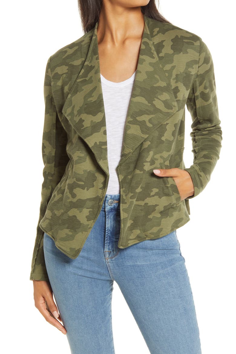 Drape Collar Knit Blazer, Main, color, OLIVE CAMO PRINT
