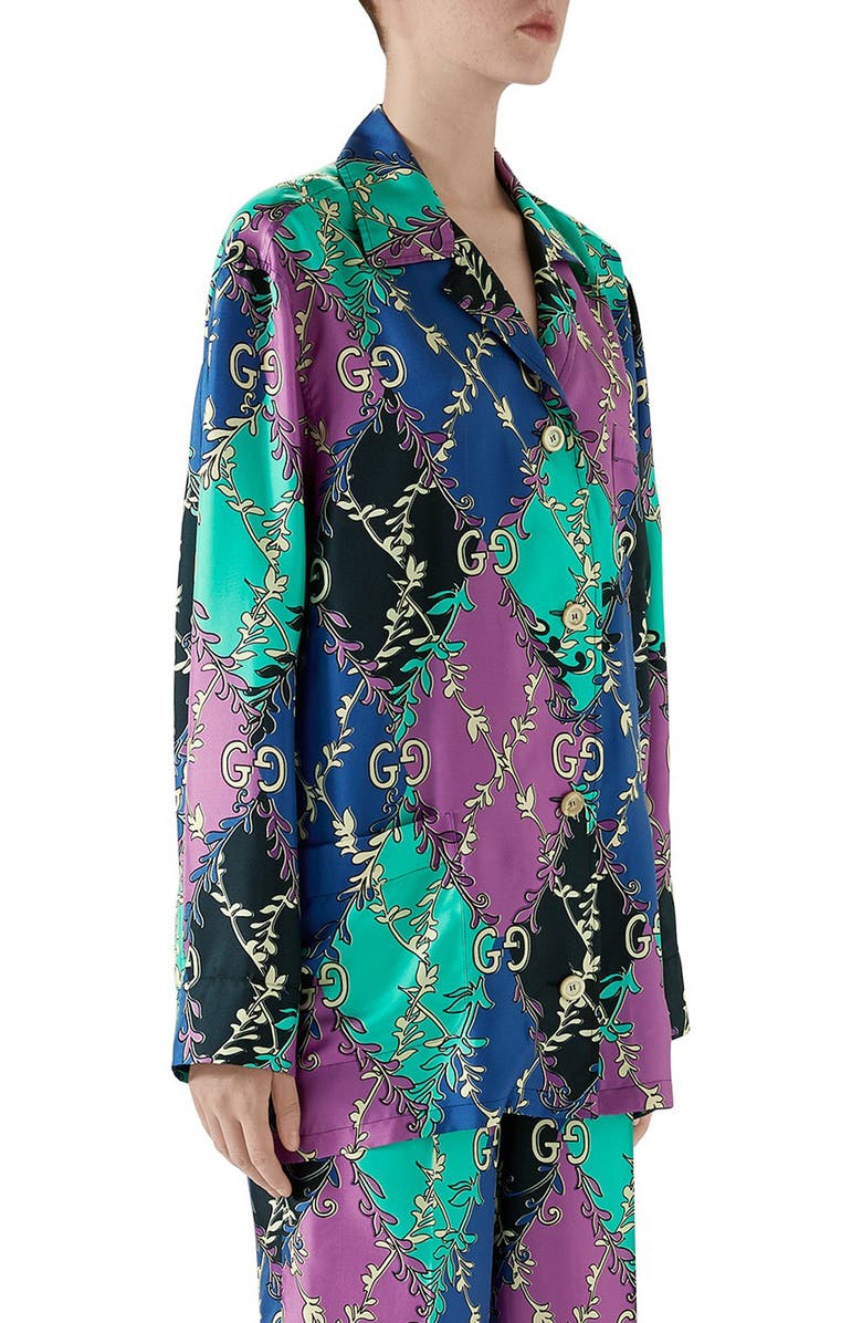 Gucci GG Rhombus Ramage Print Silk Twill Shirt, Alternate, color, 