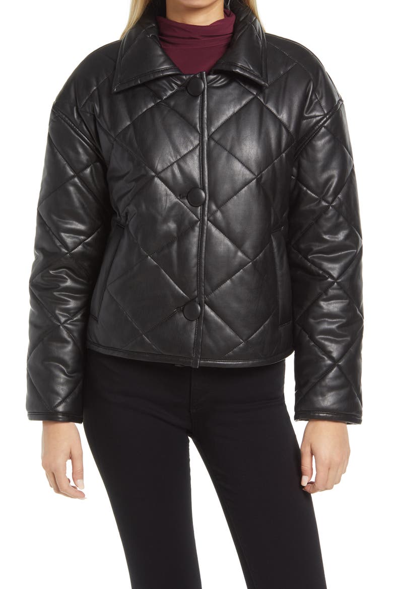 Quilted Faux Leather Jacket, Alternate, color, BLACK