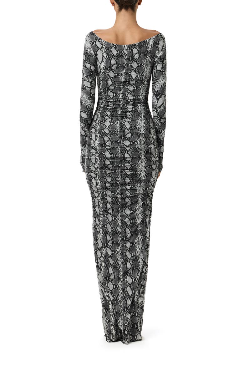 Ruched Off the Shoulder Long Sleeve Maxi Dress, Alternate, color, GREY SNAKESKIN