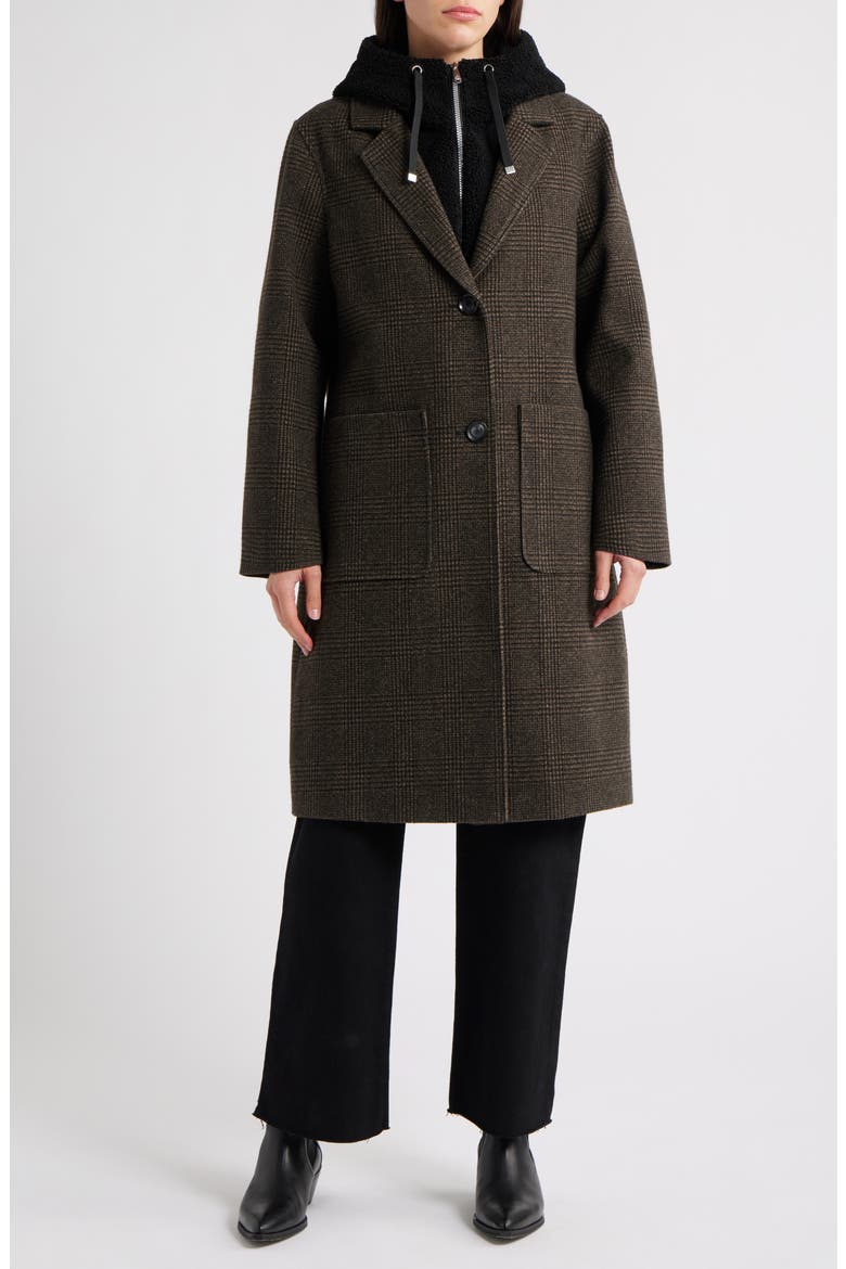 Longline Coat with Inset Faux Shearling Bib, Main, color, BROWN/ BLACK