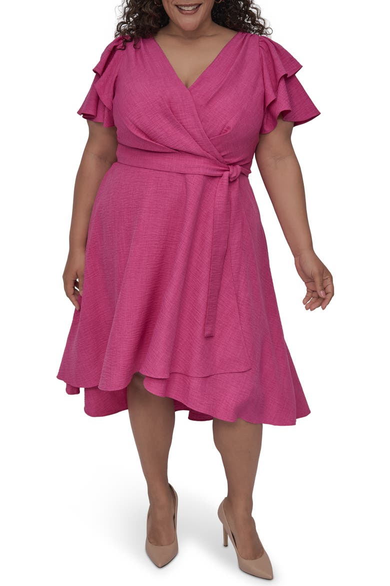 Flutter Sleeve Faux Wrap Midi Dress, Main, color, VIVID PINK