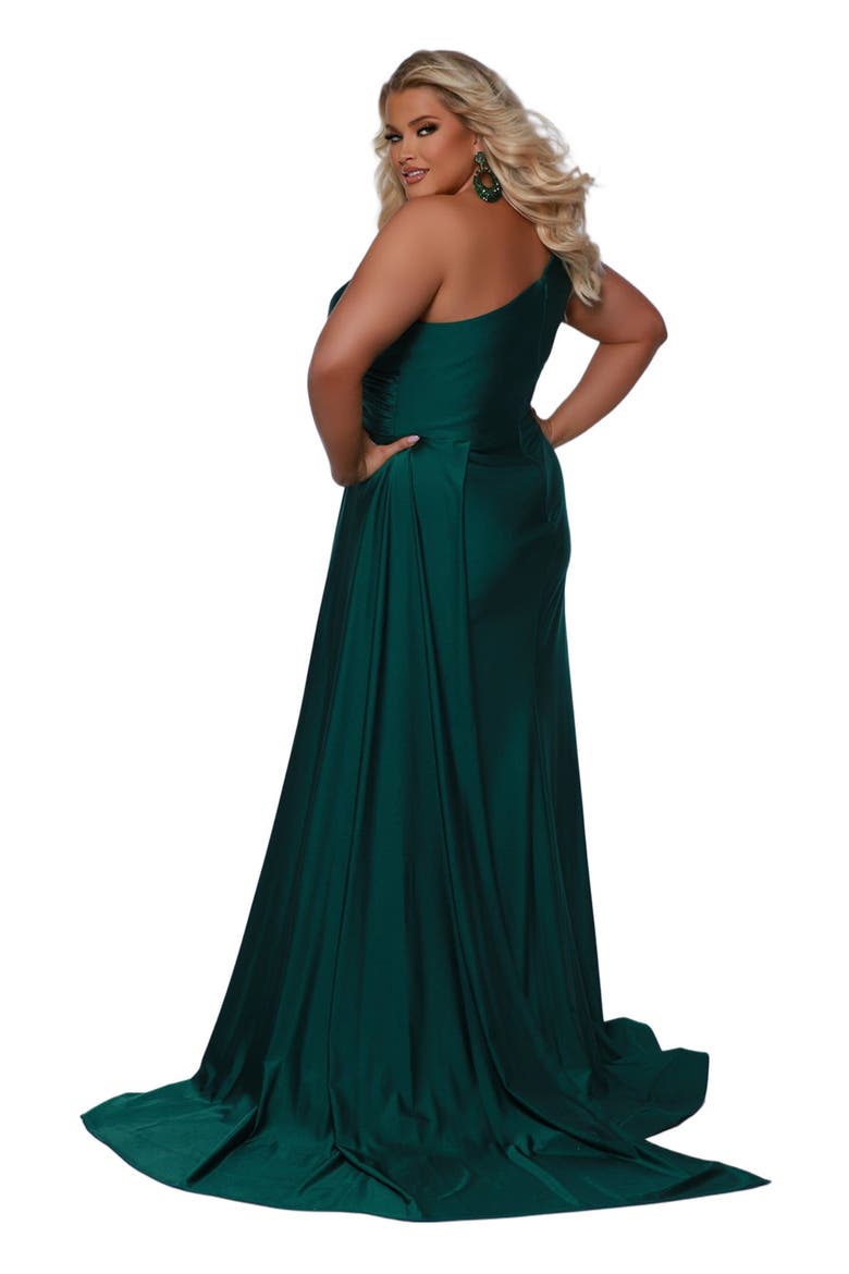Simple One Shoulder Fitted Plus Size Formal Dress with Cape, Alternate, color, Forest