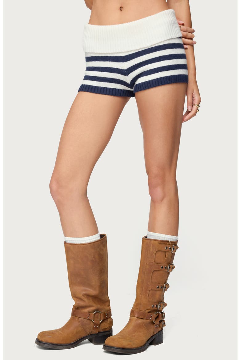 Saphi Stripe Foldover Waist Knit Shorts, Alternate, color, NAVY-AND-WHITE