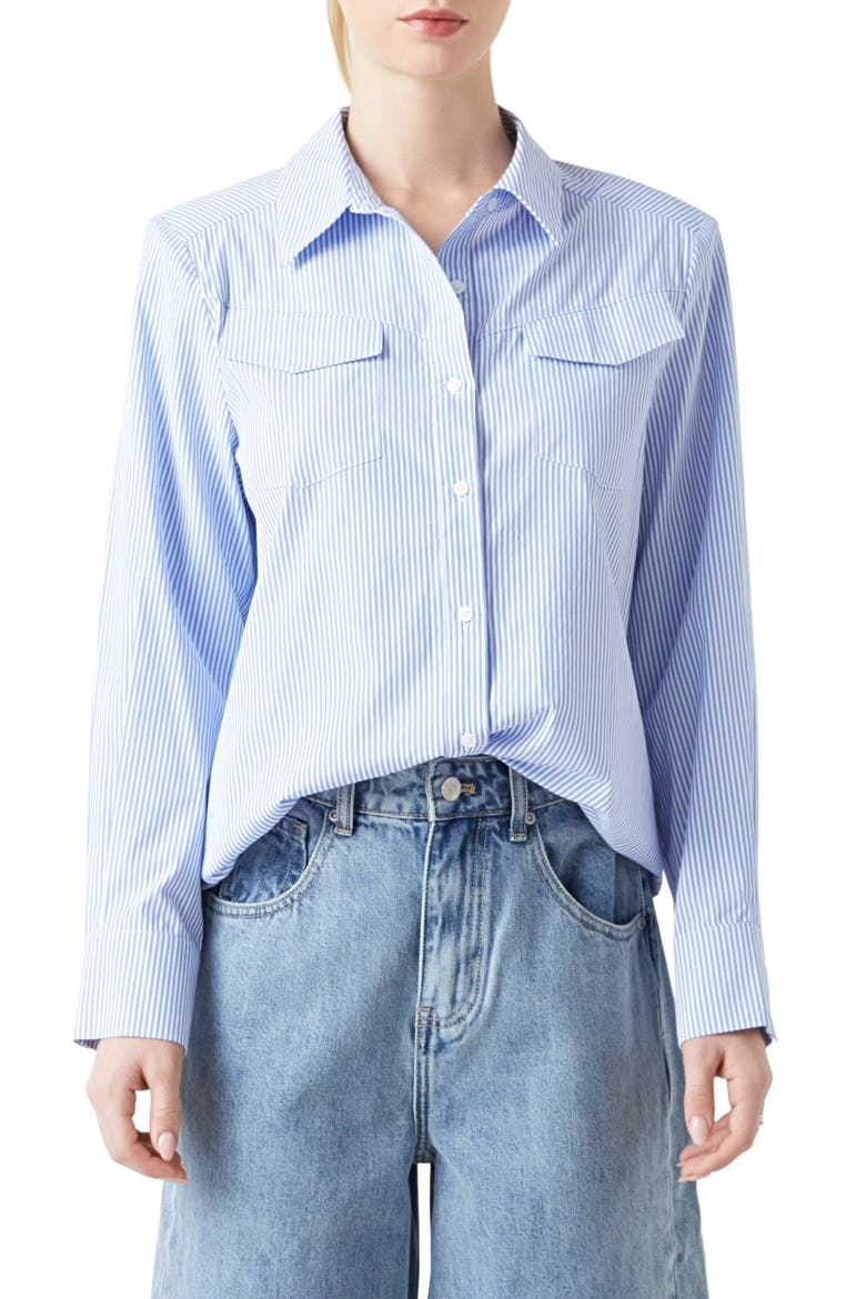 Power Shoulder Stripe Button-Up Shirt, Main, color, BLUE