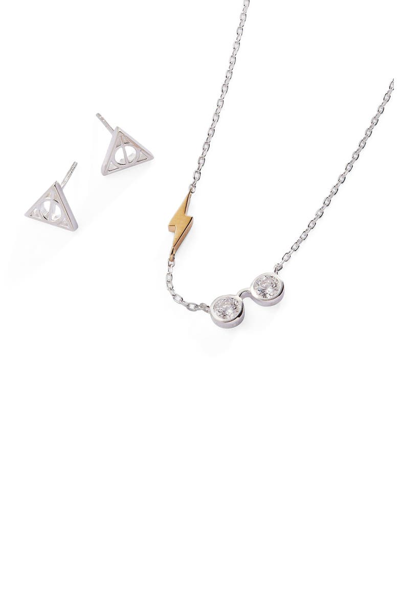 Harry Potter Glasses and Deathly Hallows Necklace and Earring Set, Main, color, Silver