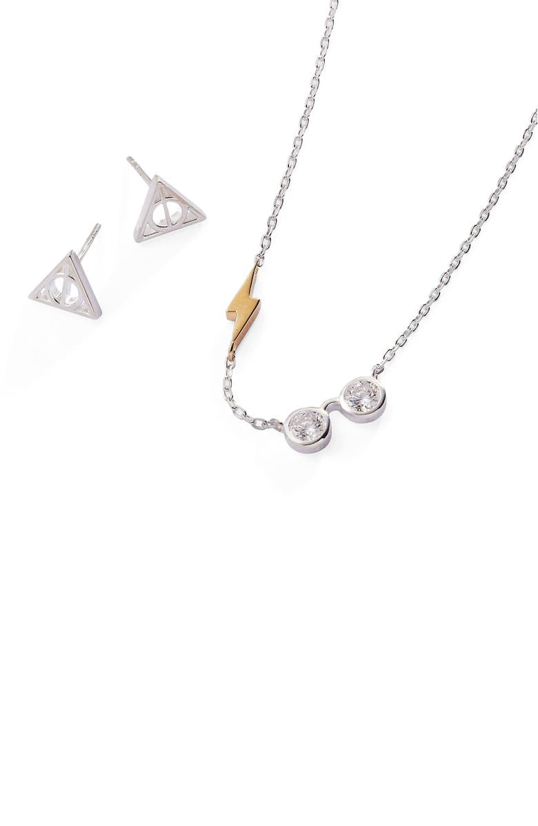Alex and Ani Harry Potter Glasses and Deathly Hallows Necklace and Earring Set, Main, color, Silver