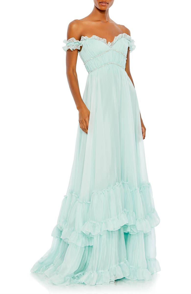 Mac Duggal Rhinestone-Embellished Chiffon Dress with Off-Shoulder Neckline and Tiered Skirt, Main, color, Mint