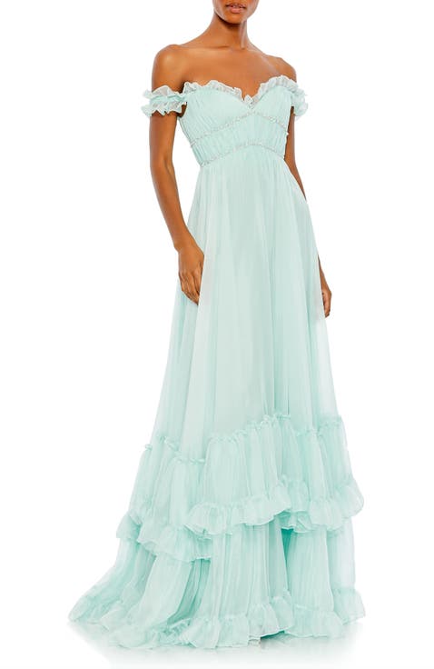 Rhinestone-Embellished Chiffon Dress with Off-Shoulder Neckline and Tiered Skirt