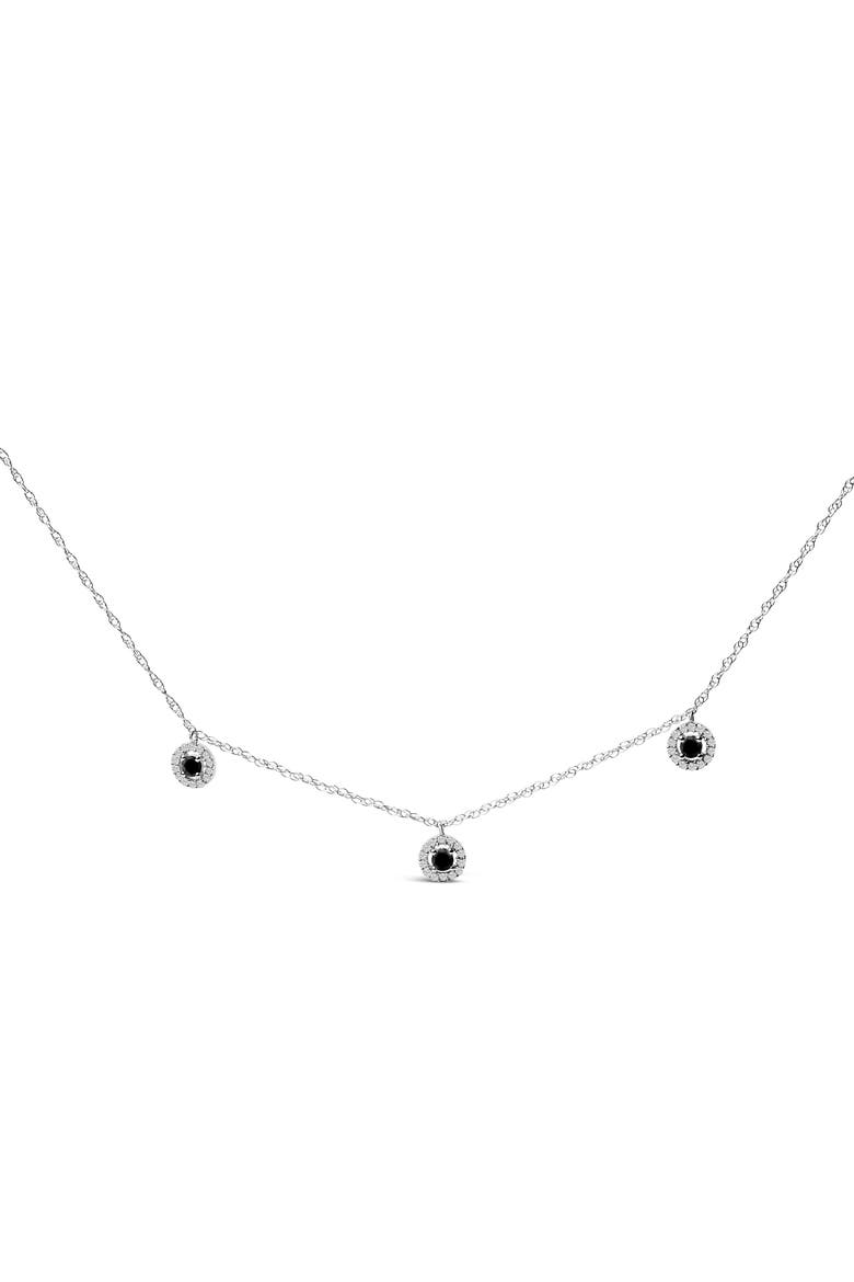 .925 Sterling Silver 5/8 Cttw Black Diamond 3 Station with Halo Necklace, Main, color, Silver