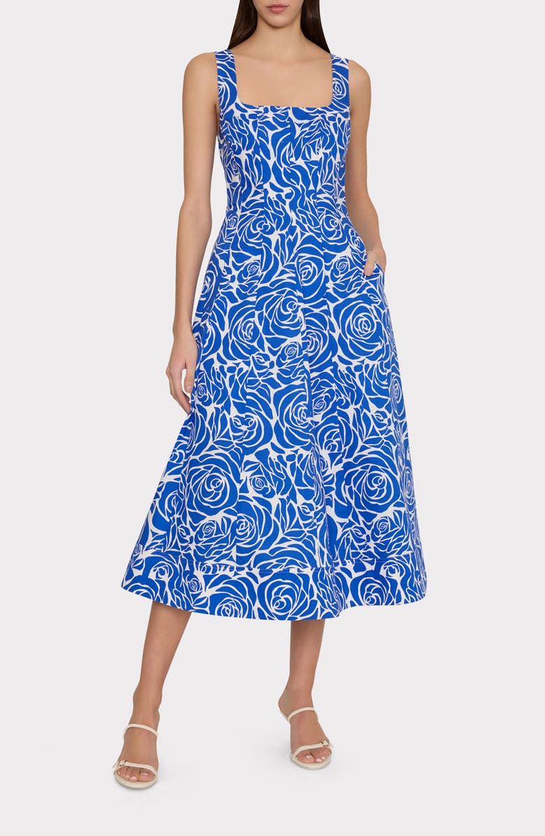Milly Nia Blue Rose Stretch Cotton Poplin Midi Dress, Main, color,