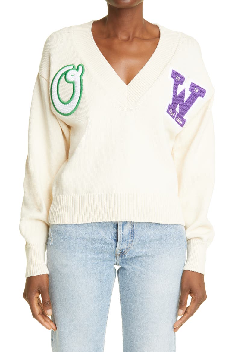 Varsity Logo V-Neck Cotton Blend Sweater, Main, color, BEIGE VIOLET