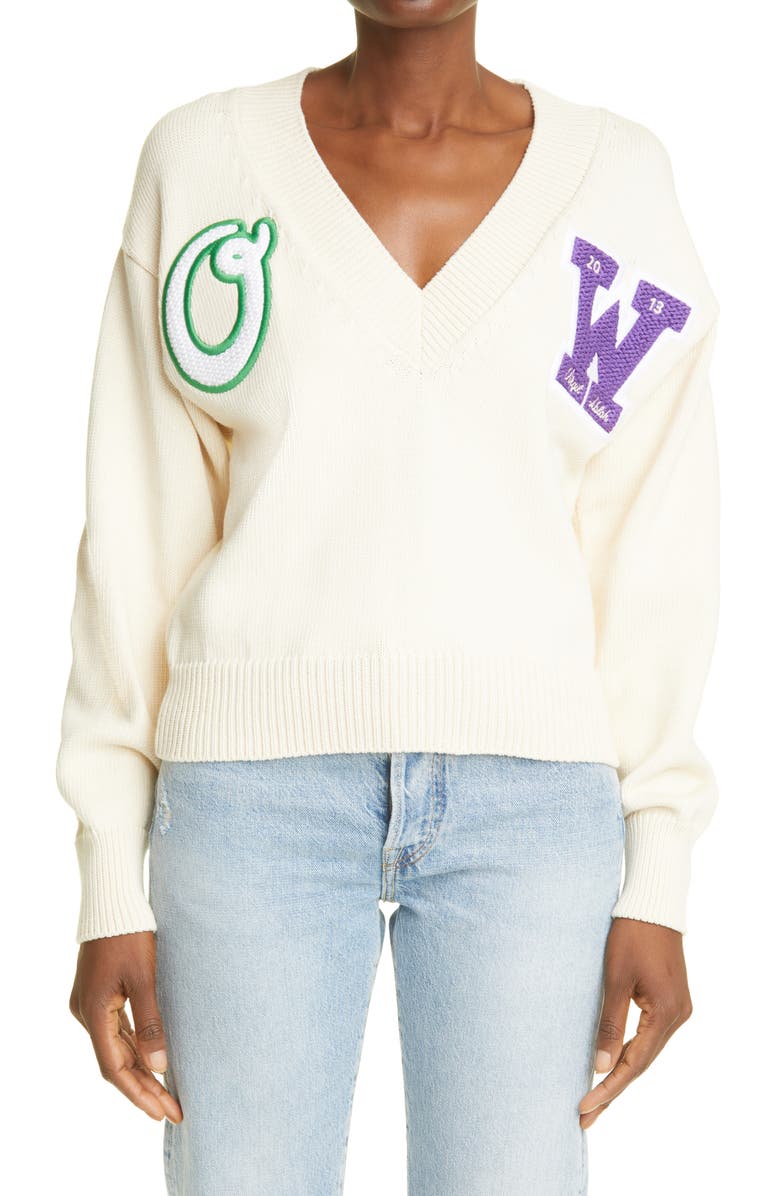 Off-White Varsity Logo V-Neck Cotton Blend Sweater, Main, color, 